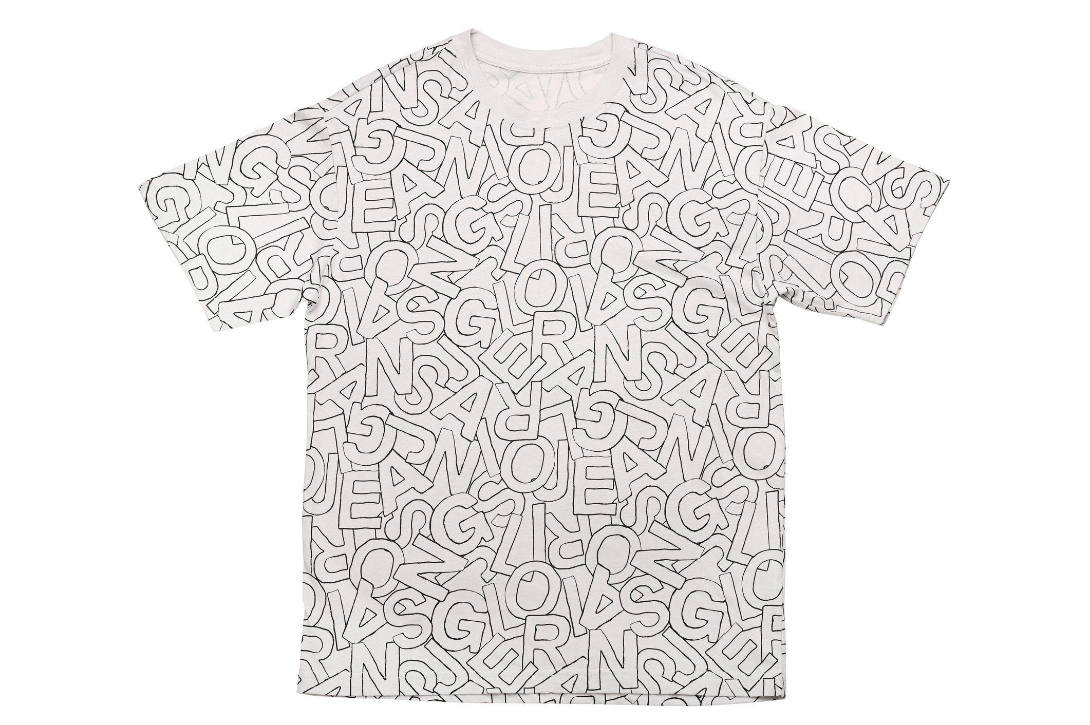 White T-shirt with black geometric pattern.
